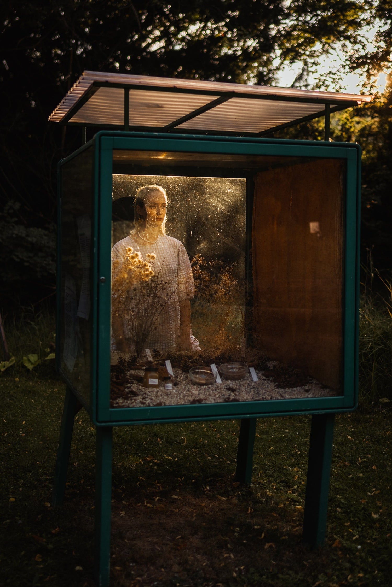 A figure stands behind a glass pane, bathed in the golden hues of sunlight, creating a visual metaphor of introspection and confinement in Celin May's Sun Collection.