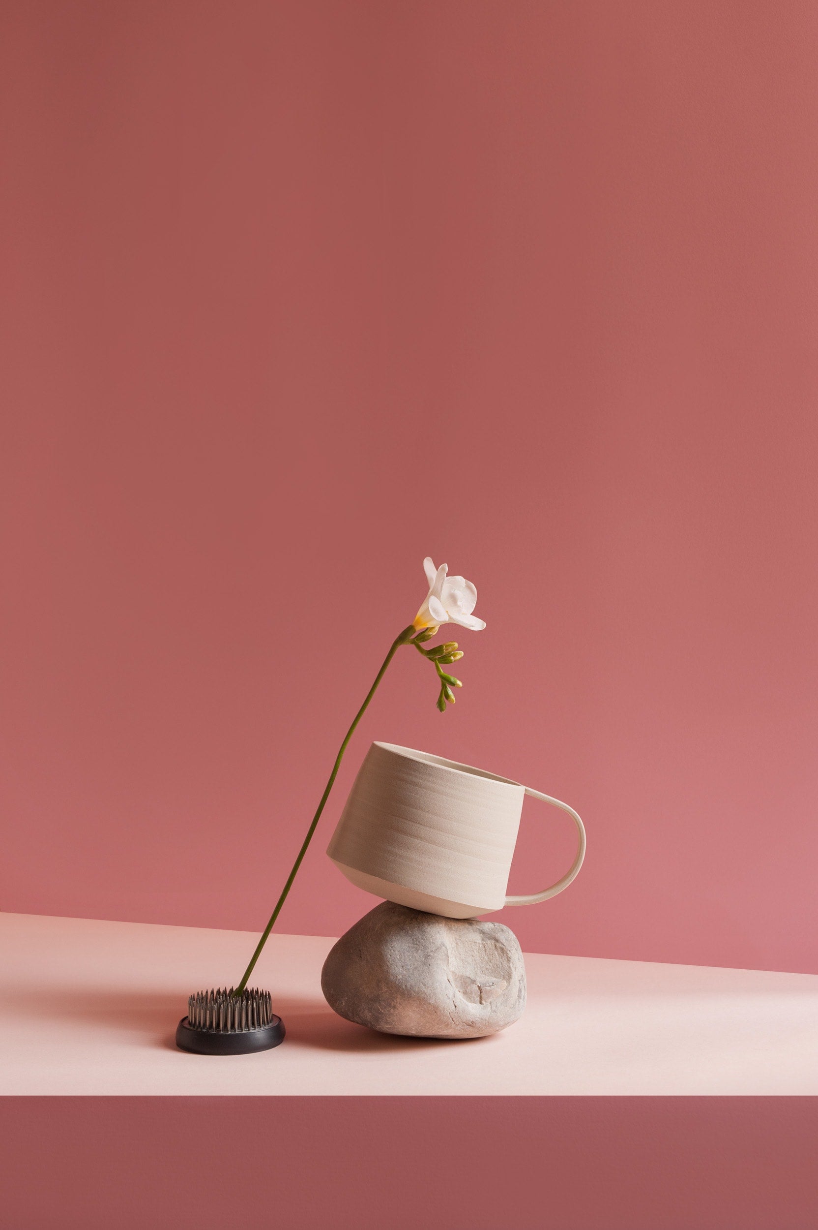 The artpiece 'Tension' by Erica Ferraroni is a still life photography piece containing a cup, a rock and a flower, put together to create an interesting composition of objects in this piece about tension and balance.
