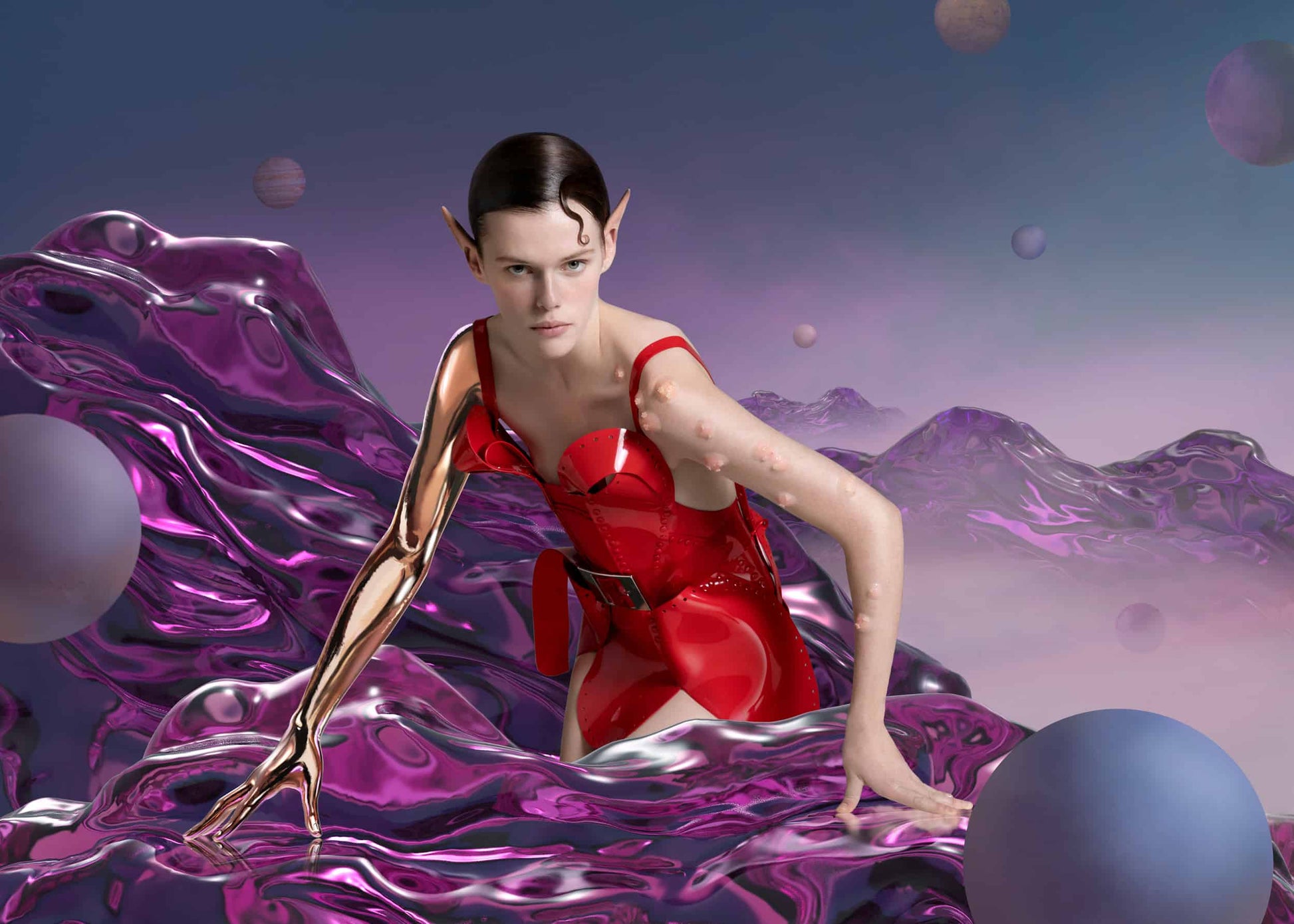 The artpiece 'Universe' by Yang Han from the series Encounter Future shows a futuristic cyber woman in a red dress, looking straight at the camera.