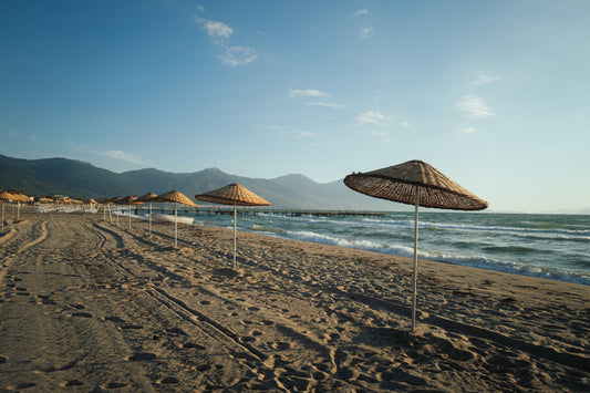 The artpiece 'Parasol' by Mikail Sahin shows a row of parasols on an otherwise empty beach, with a mountain range in the background.