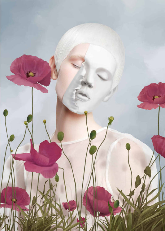The artpiece 'Mask' by Yang Han shows a woman wearing a white mask behind a cover of magenta flowers.