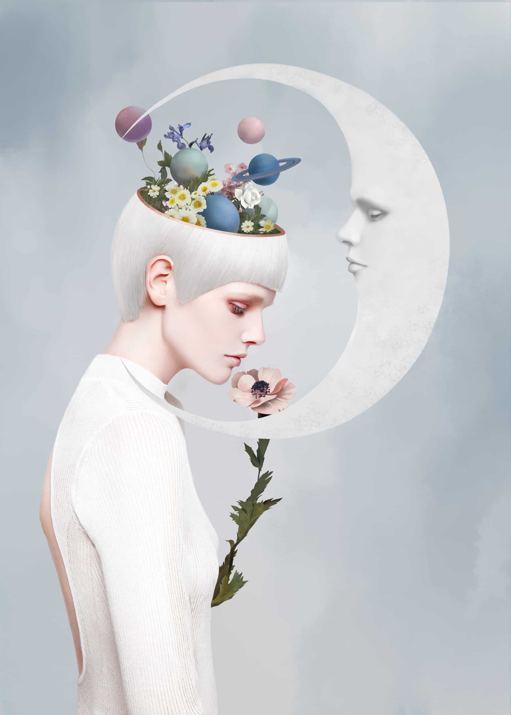 The artpiece 'Moon' by Yang Han shows a sideview of a woman, with flowers and planets coming out of her head, with the mmoon hugging her.