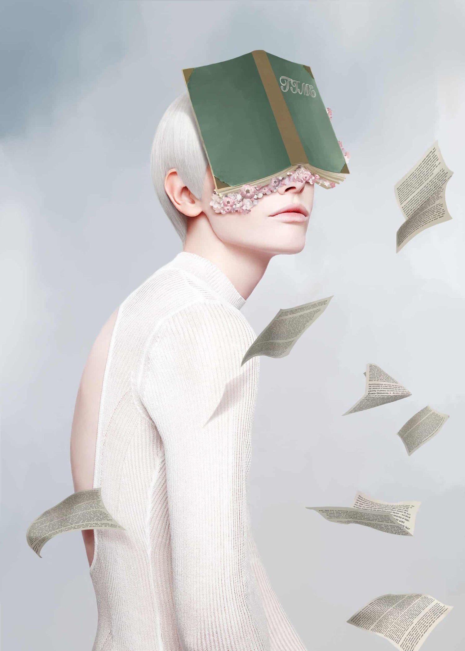 The artpiece 'Time' by Yang Han shows a woman, with a book stuck to her head and pages from a book falling down all around her.